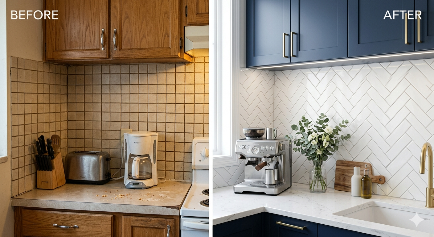 Modern Italian Herringbone Kitchen Backsplash (Custom Tile Installation) completed by Dale in Burlington, Halton Region, ON