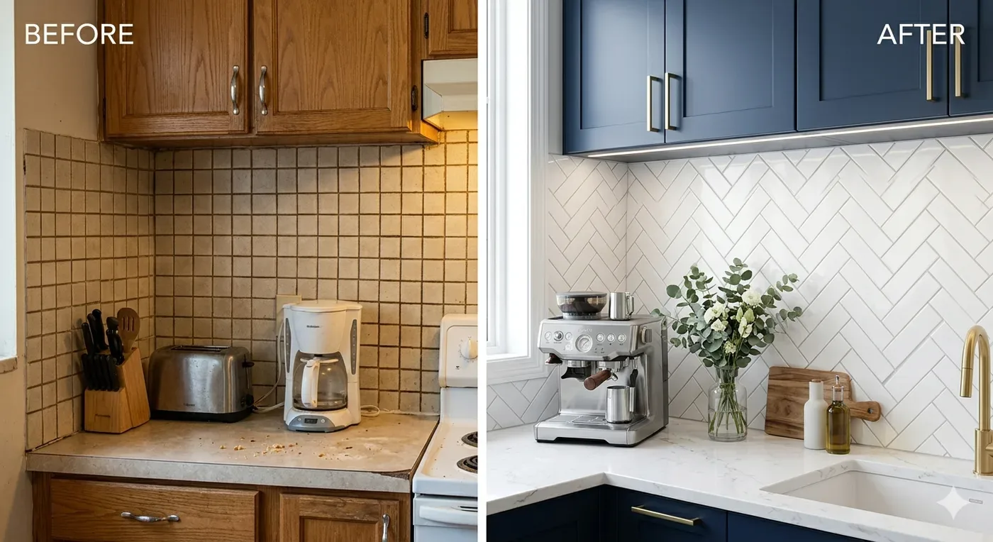 Modern Italian Herringbone Kitchen Backsplash (Custom Tile Installation) completed by Dale in Burlington, Halton Region, ON